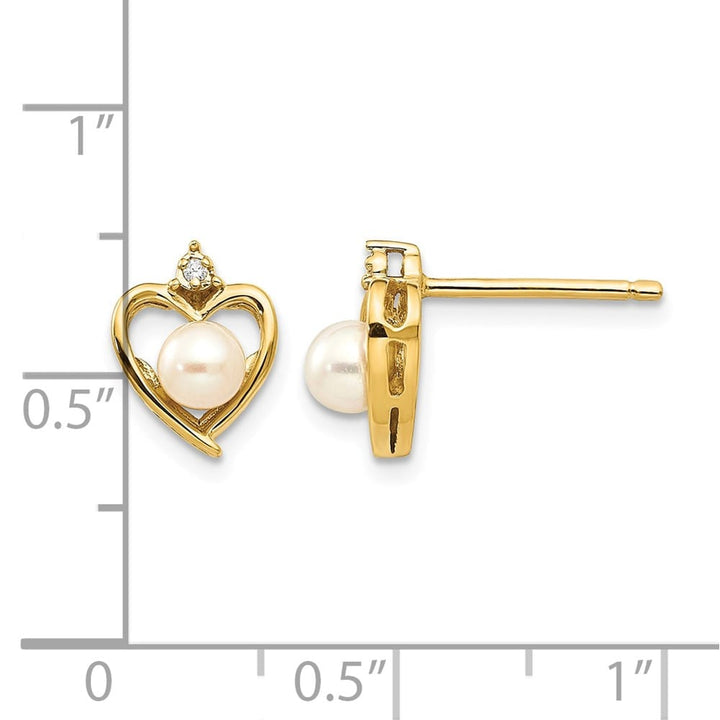 14K Yellow Gold 4.5mm June/Freshwater Pearl and Diamond Heart Earrings, view 4 of 4