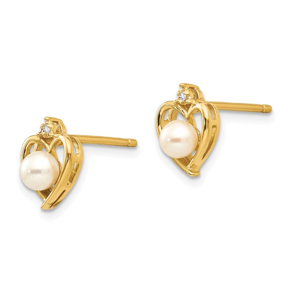 14K Yellow Gold 4.5mm June/Freshwater Pearl and Diamond Heart Earrings, view 2 of 4