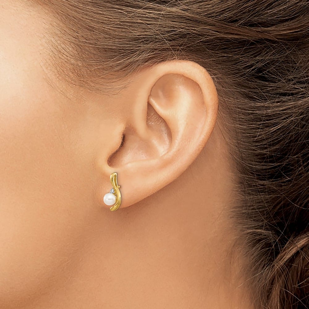 14K Yellow Gold 4.5mm June/Freshwater Pearl and Diamond Post Earrings, view 3 of 4