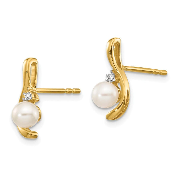 14K Yellow Gold 4.5mm June/Freshwater Pearl and Diamond Post Earrings, view 2 of 4