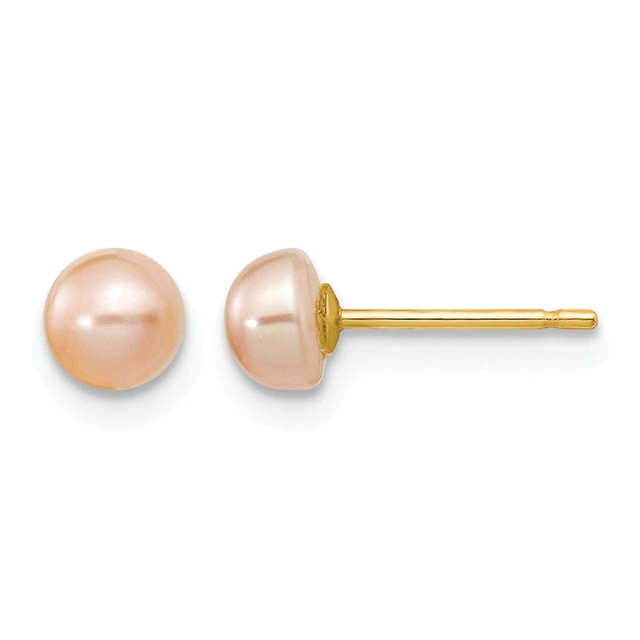 14K Yellow Gold 4-5mm Pink Freshwater Cultured Button Pearl Earrings