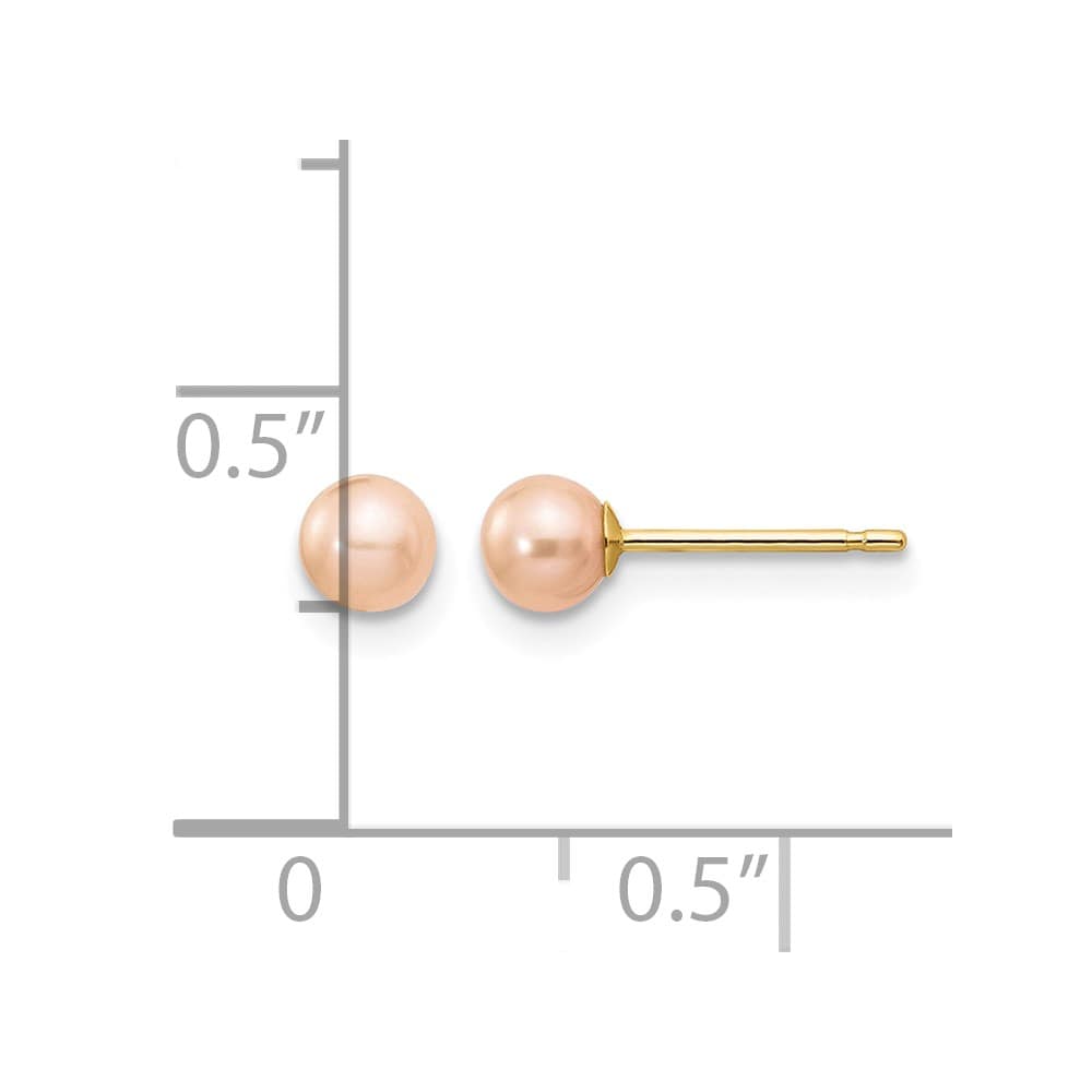14K Yellow Gold 4-5mm Pink Round Freshwater Pearl Stud Post Earrings, view 4 of 4