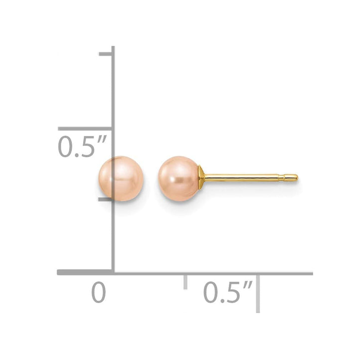 14K Yellow Gold 4-5mm Pink Round Freshwater Pearl Stud Post Earrings, view 4 of 4