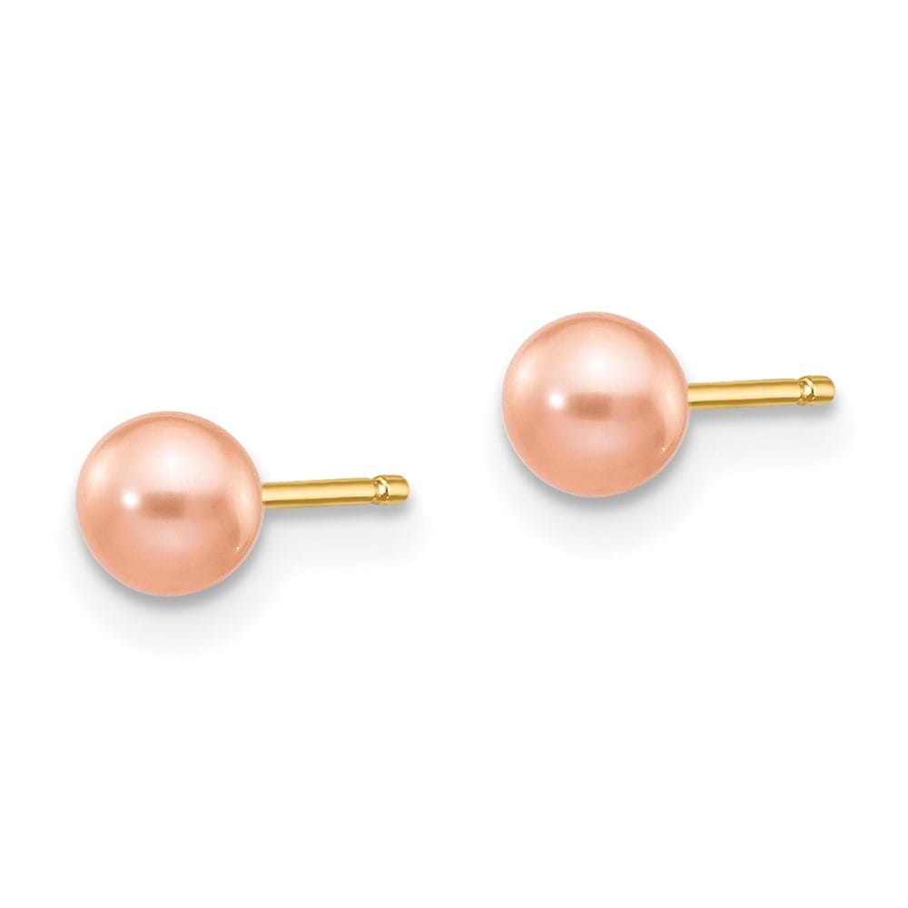 14K Yellow Gold 4-5mm Pink Round Freshwater Pearl Stud Post Earrings, view 2 of 4