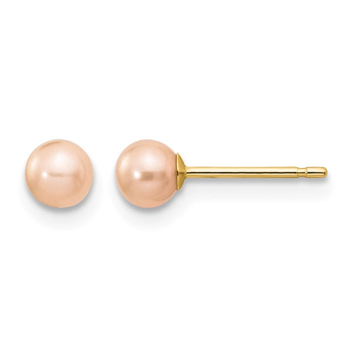 14K Yellow Gold 4-5mm Pink Round Freshwater Pearl Stud Post Earrings, view 1 of 4