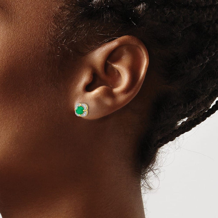 14K Yellow Gold 4.5mm Round Emerald and Diamond Square Post Earrings, view 3 of 4