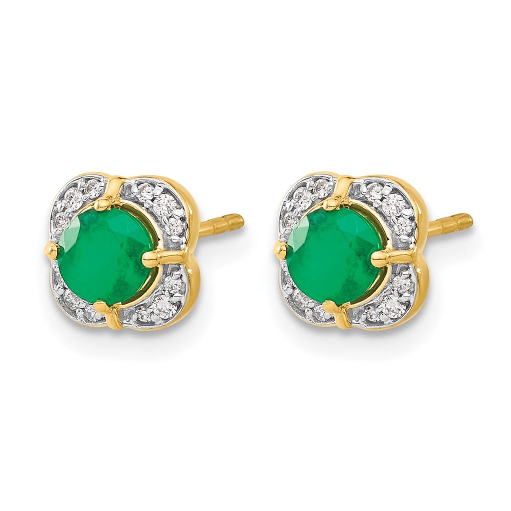 14K Yellow Gold 4.5mm Round Emerald and Diamond Square Post Earrings, view 2 of 4