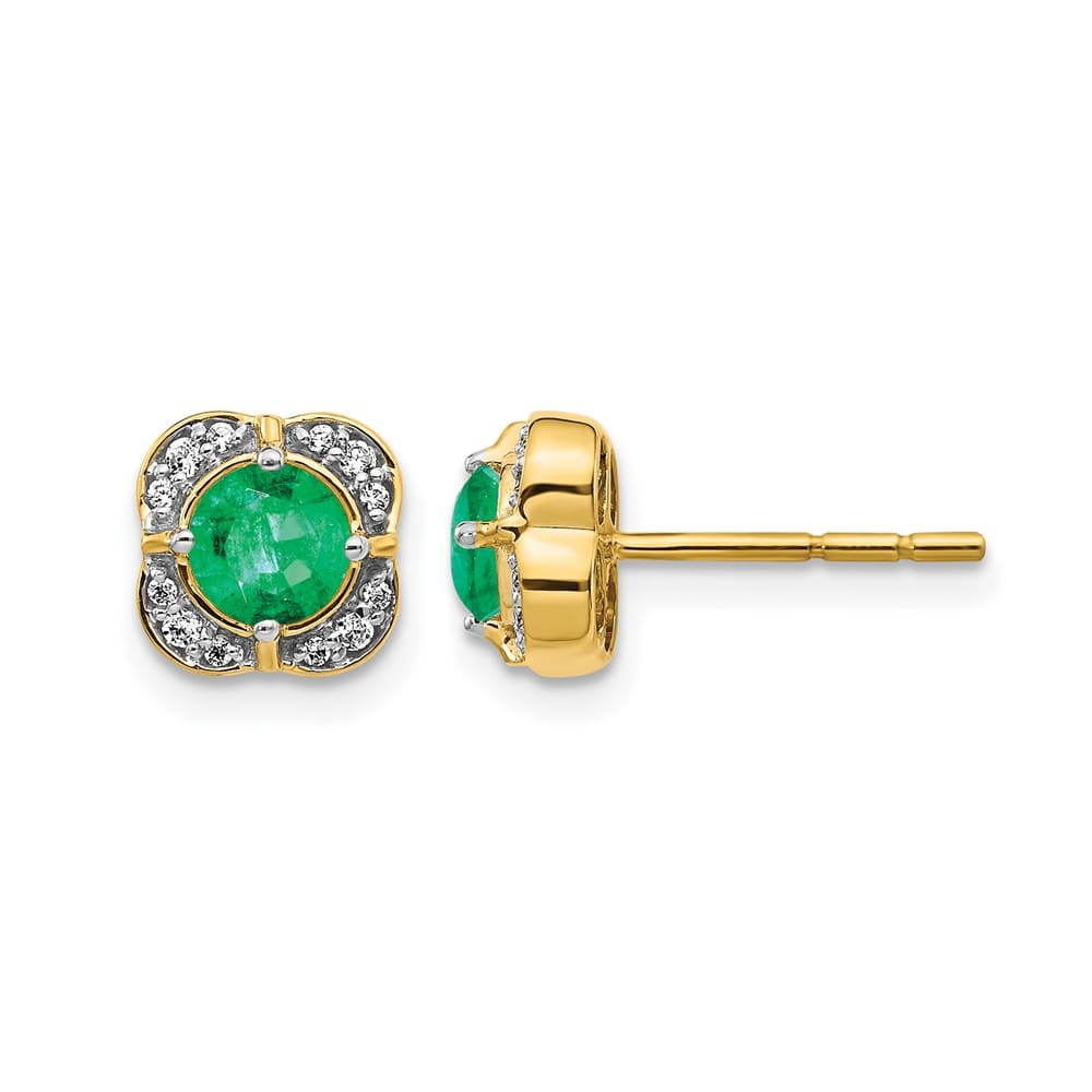 14K Yellow Gold 4.5mm Round Emerald and Diamond Square Post Earrings, view 1 of 4