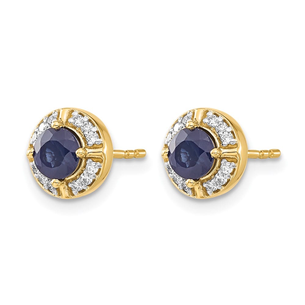 14K Yellow Gold 4.5mm Round Sapphire and Diamond Halo Post Earrings, view 2 of 4