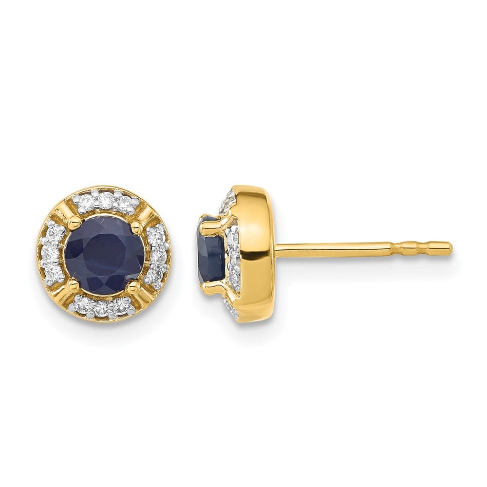 14K Yellow Gold 4.5mm Round Sapphire and Diamond Halo Post Earrings, view 1 of 4