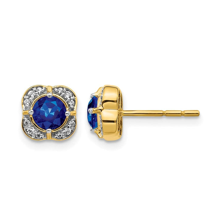 14K Yellow Gold 4.5mm Round Sapphire and Diamond Square Post Earrings, view 1 of 2