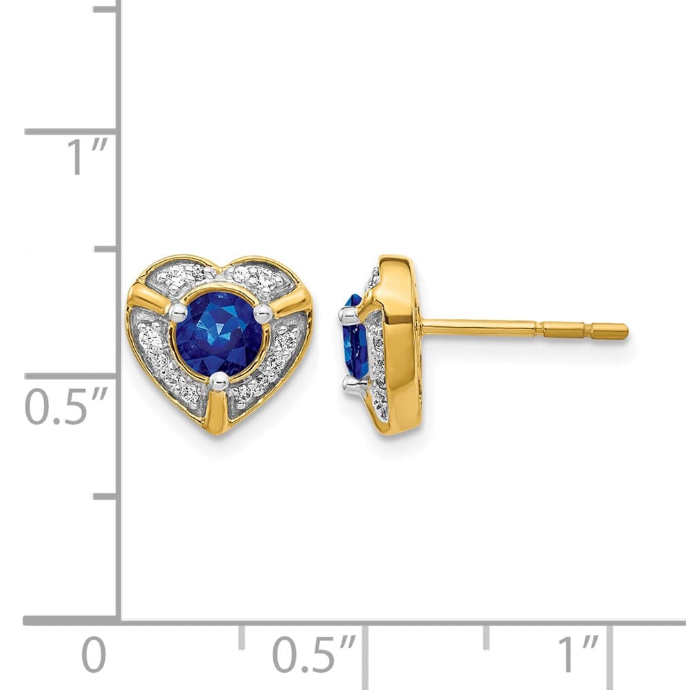 14K Yellow Gold 4.5mm Round Sapphire Diamond Halo Heart Post Earrings, view 2 of 2