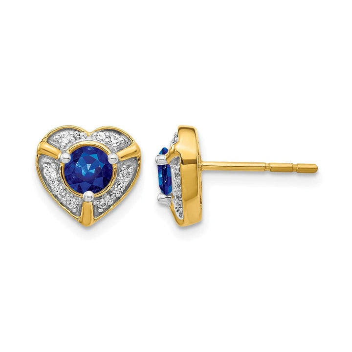 14K Yellow Gold 4.5mm Round Sapphire Diamond Halo Heart Post Earrings, view 1 of 2