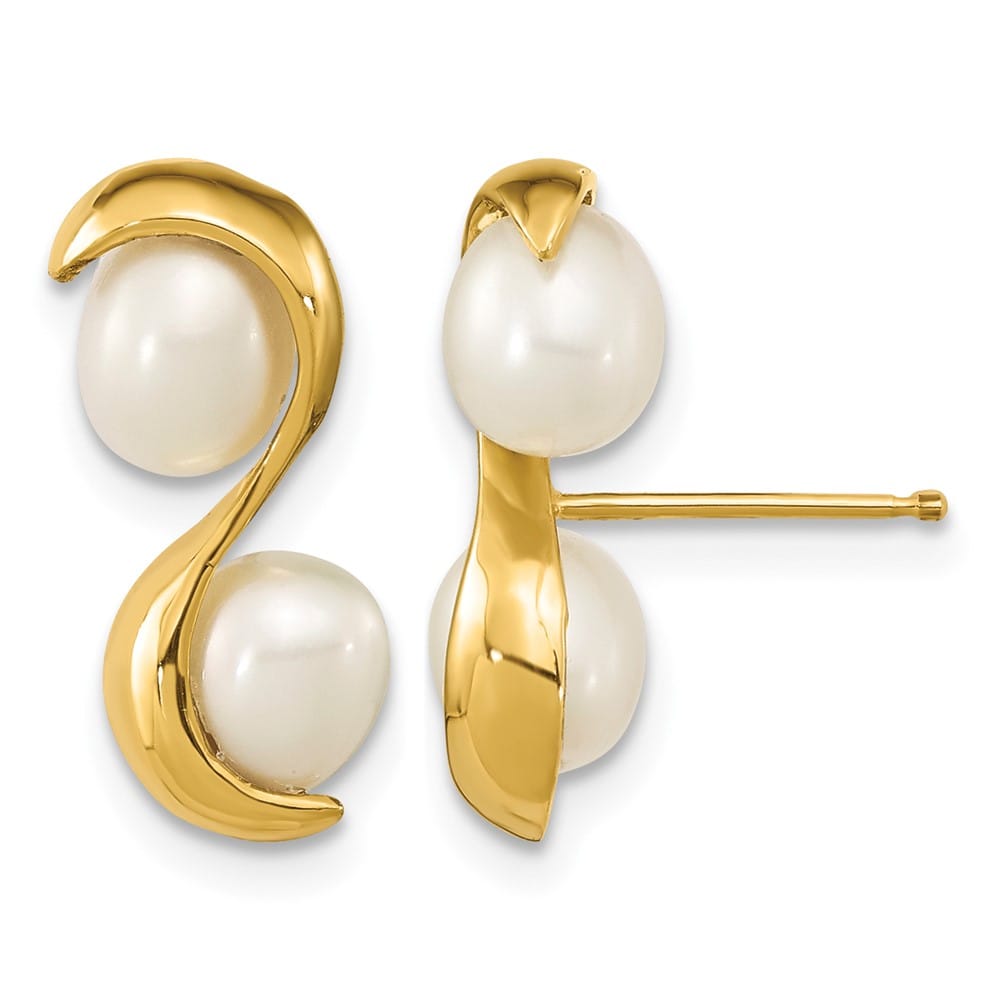 14K Yellow Gold 4-5mm White Rice Freshwater Cultured Double Earrings