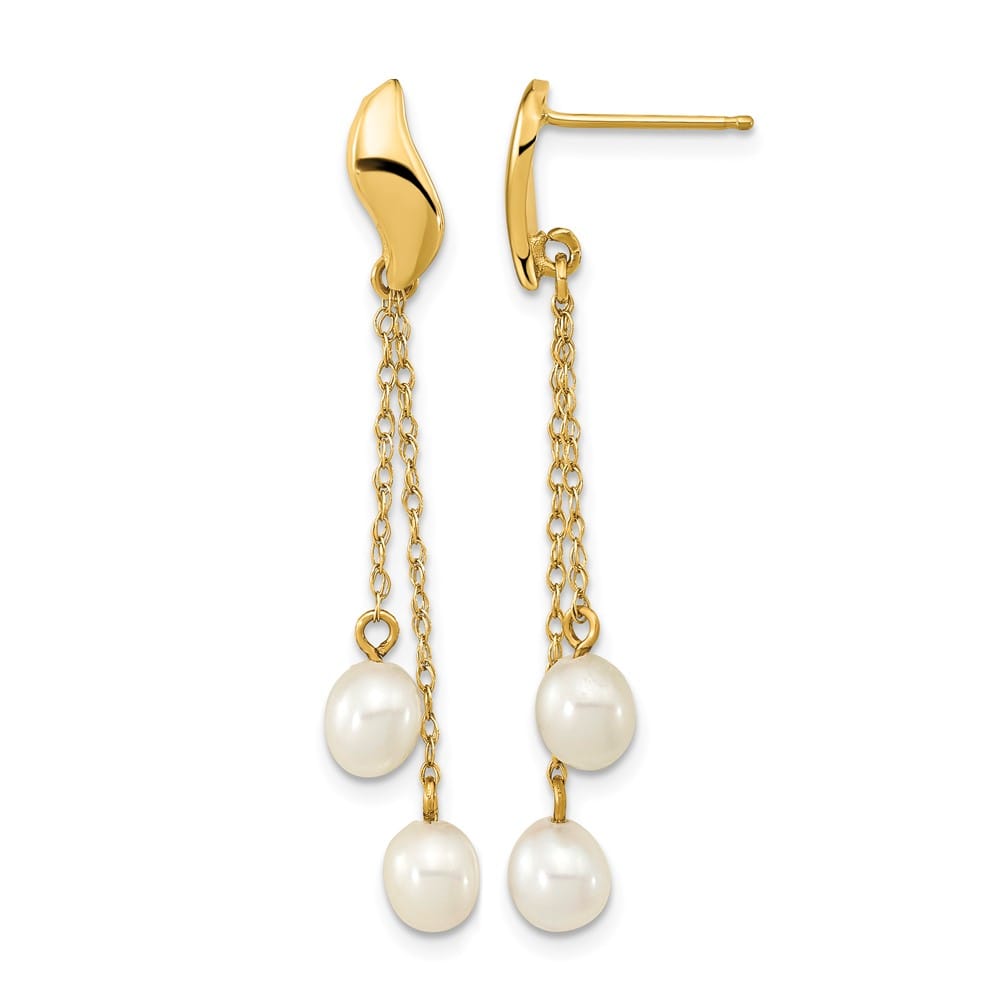 14K Yellow Gold 4-5mm White Rice Freshwater Pearl Chain Earrings