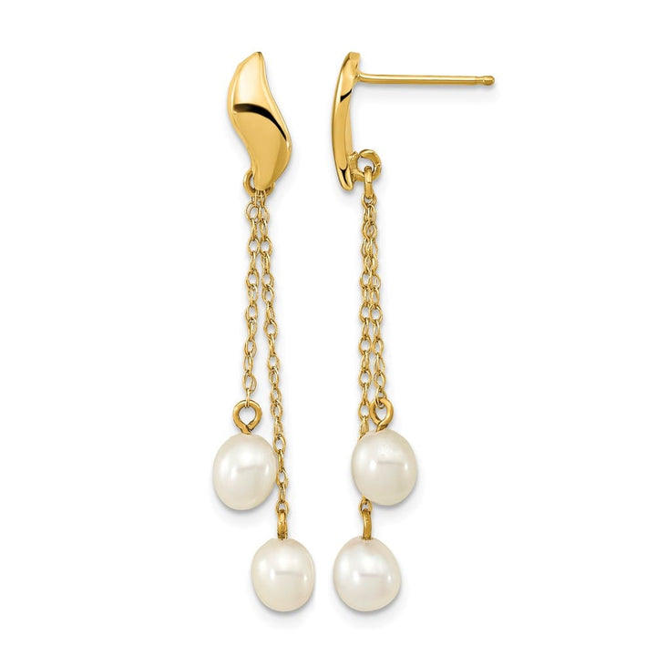 14K Yellow Gold 4-5mm White Rice Freshwater Pearl Chain Earrings
