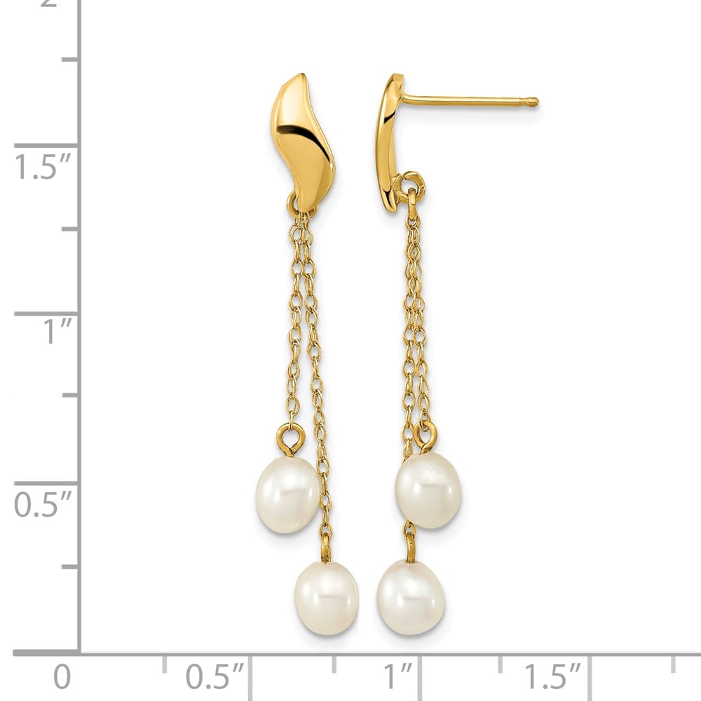 14K Yellow Gold 4-5mm White Rice Freshwater Pearl Chain Earrings