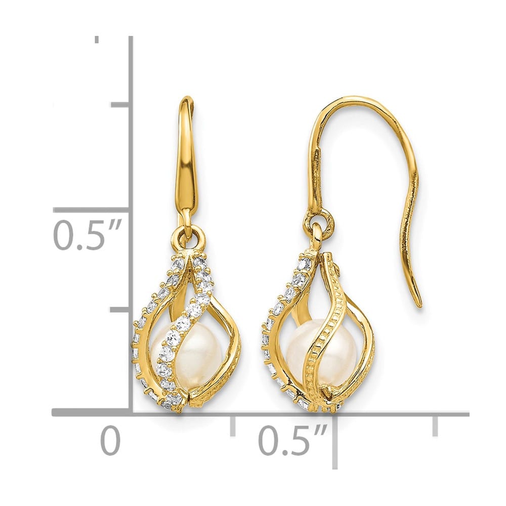 14K Yellow Gold 4-5mm White Round Freshwater Pearl and CZ Earrings