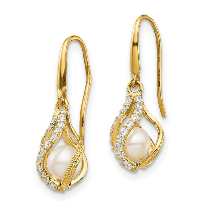 14K Yellow Gold 4-5mm White Round Freshwater Pearl and CZ Earrings