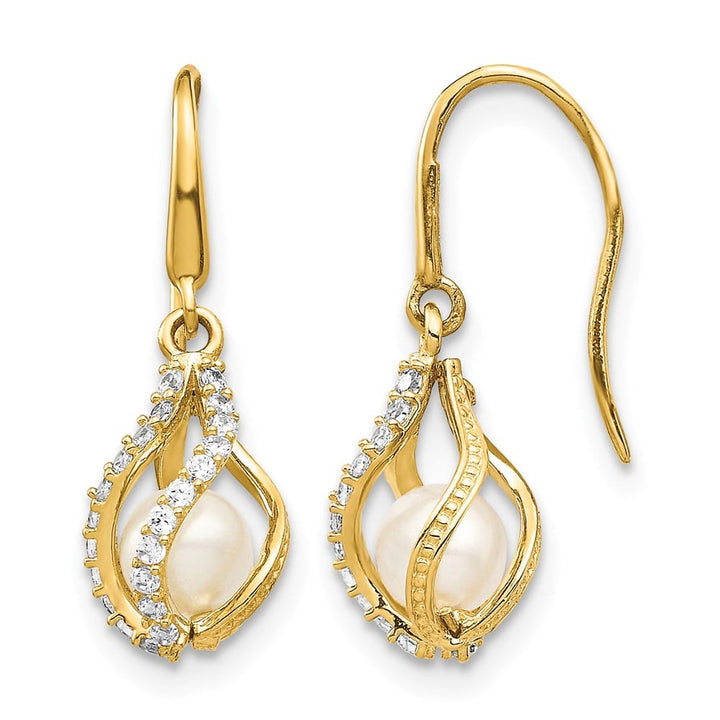 14K Yellow Gold 4-5mm White Round Freshwater Pearl and CZ Earrings