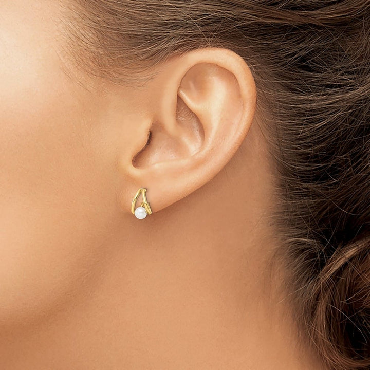 14K Yellow Gold 4-5mm White Round Freshwater Pearl J-Hoop Earrings