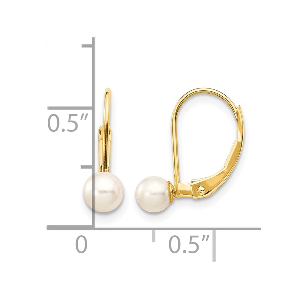 14K Yellow Gold 4-5mm White Round Freshwater Pearl Leverback Earrings
