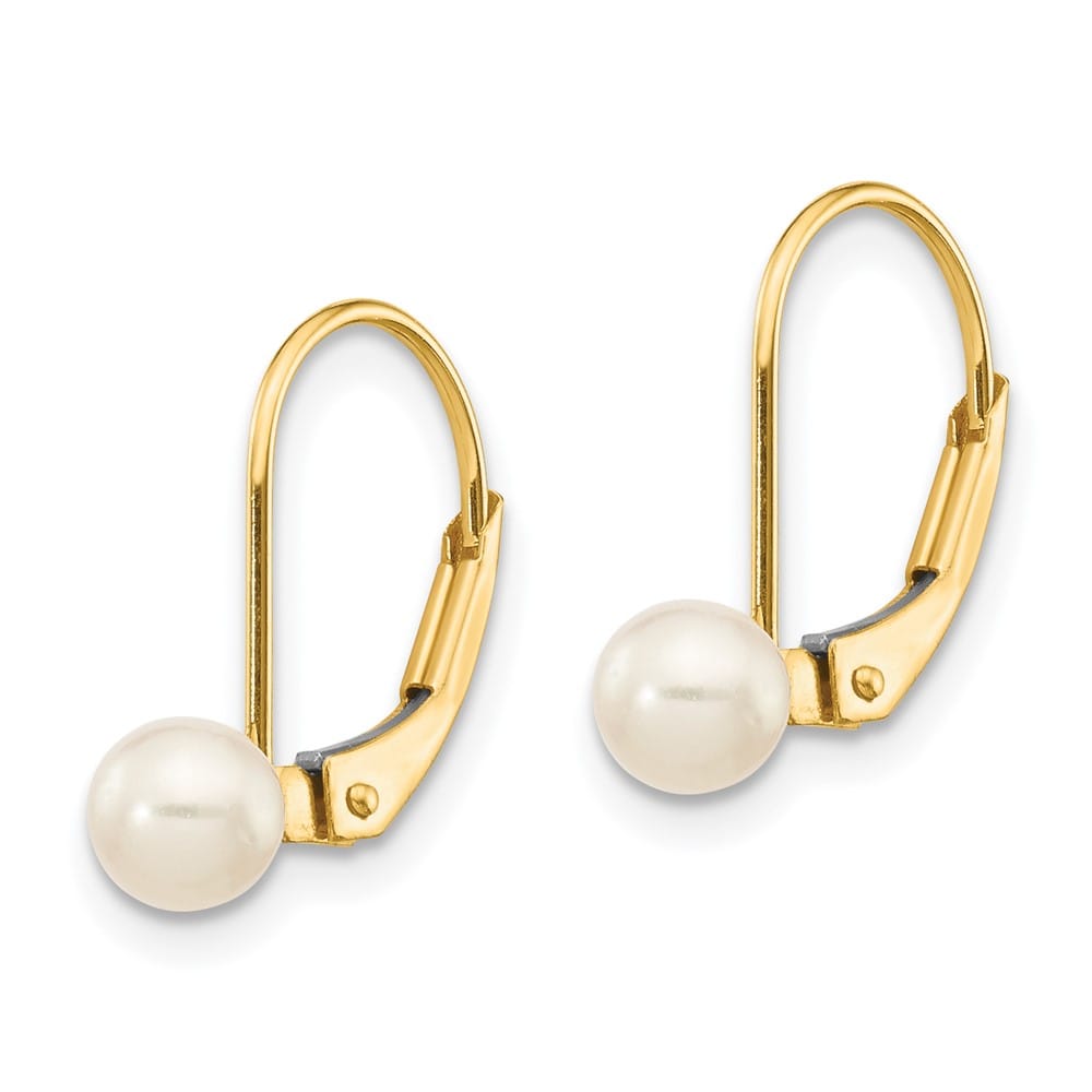 14K Yellow Gold 4-5mm White Round Freshwater Pearl Leverback Earrings