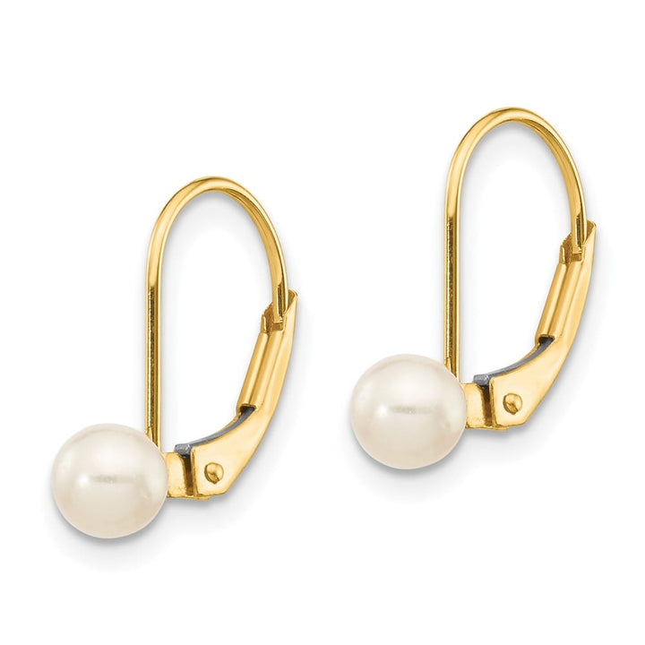 14K Yellow Gold 4-5mm White Round Freshwater Pearl Leverback Earrings