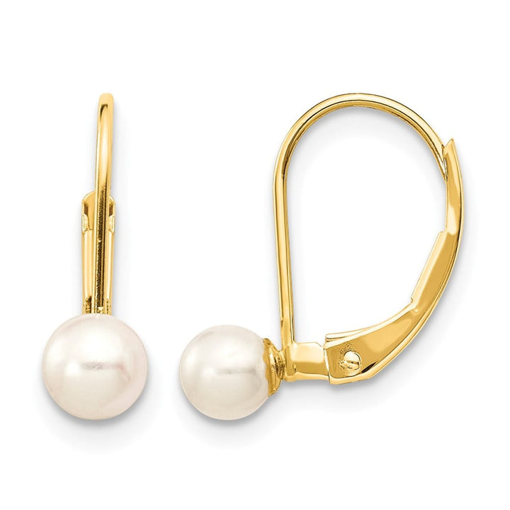 14K Yellow Gold 4-5mm White Round Freshwater Pearl Leverback Earrings