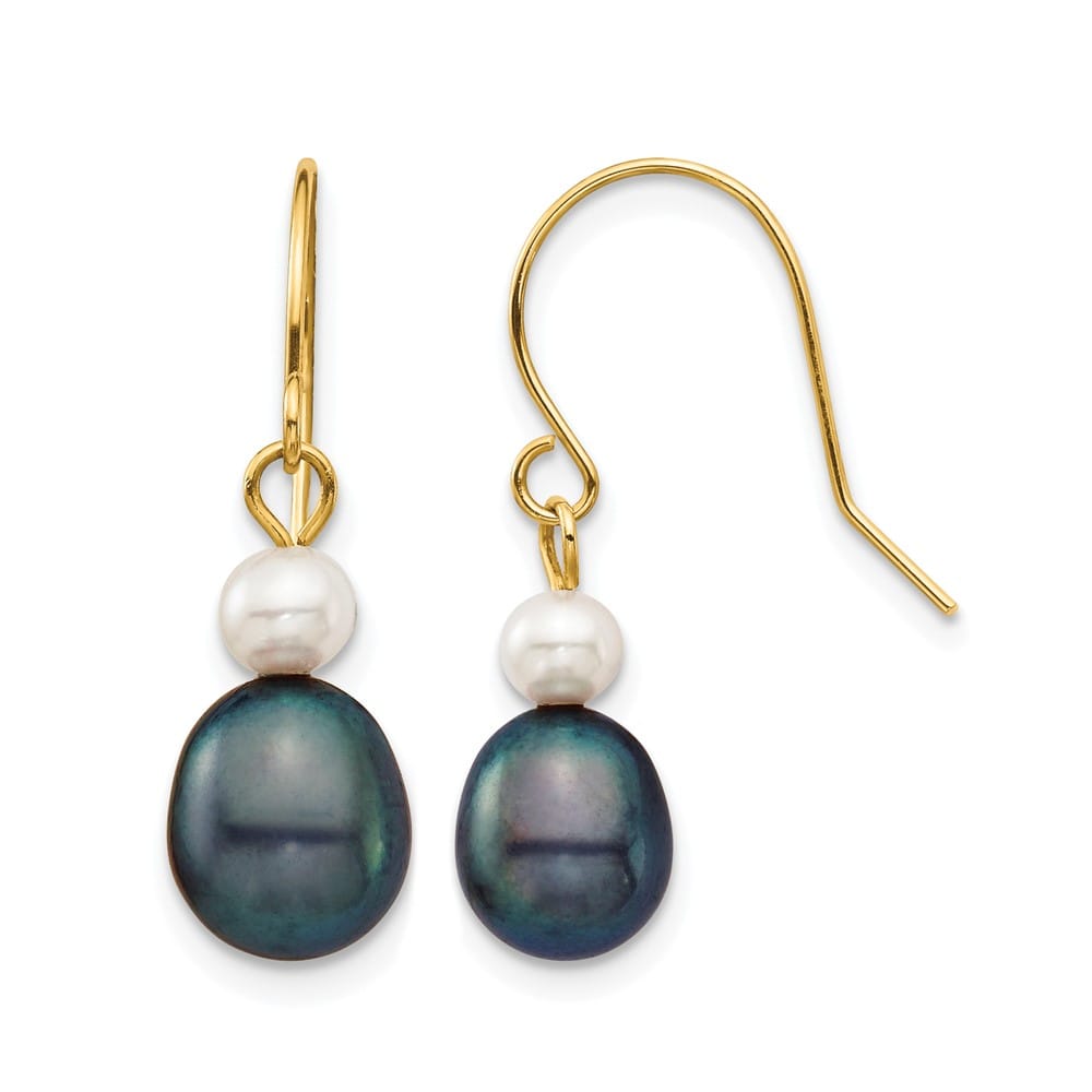 14K Yellow Gold 4-7mm Black Rice and White Round Freshwater Earrings