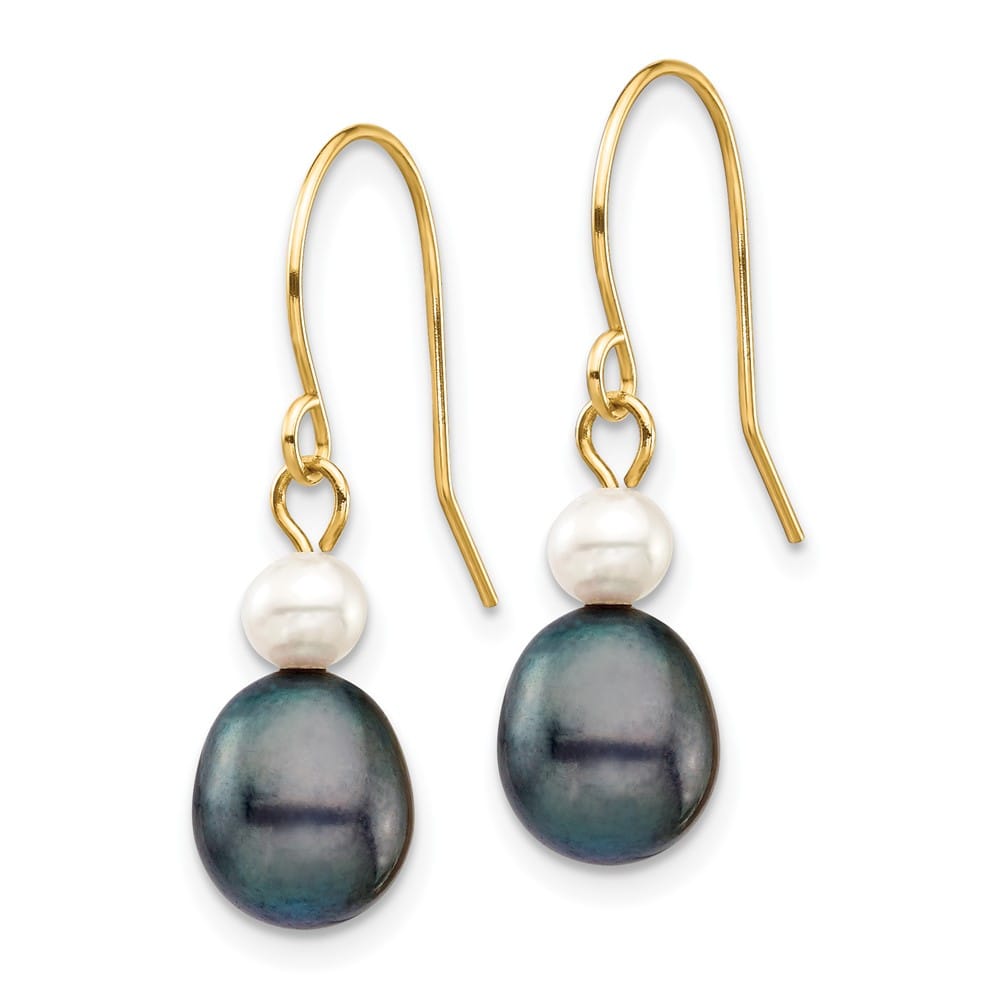 14K Yellow Gold 4-7mm Black Rice and White Round Freshwater Earrings