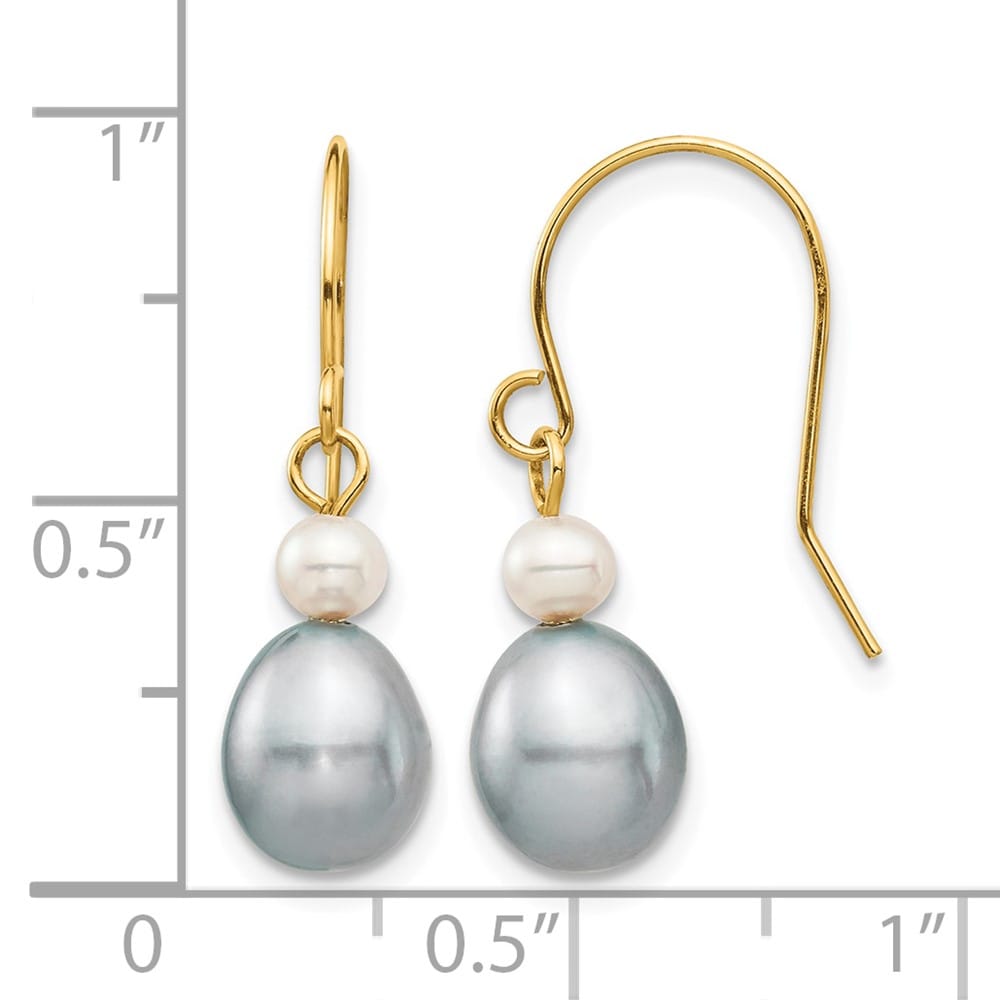 14K Yellow Gold 4-7mm Grey Rice and White Round Freshwater Earrings