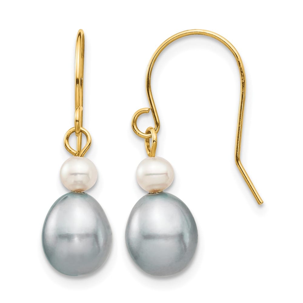 14K Yellow Gold 4-7mm Grey Rice and White Round Freshwater Earrings