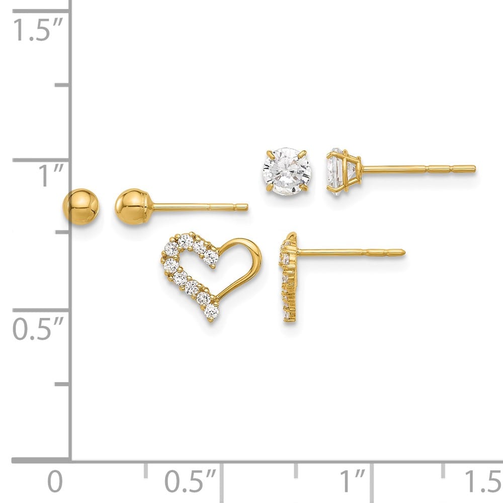 14K Yellow Gold 4mm CZ/3mm Ball/CZ Heart Post Set 3 Pair Earrings, view 4 of 4