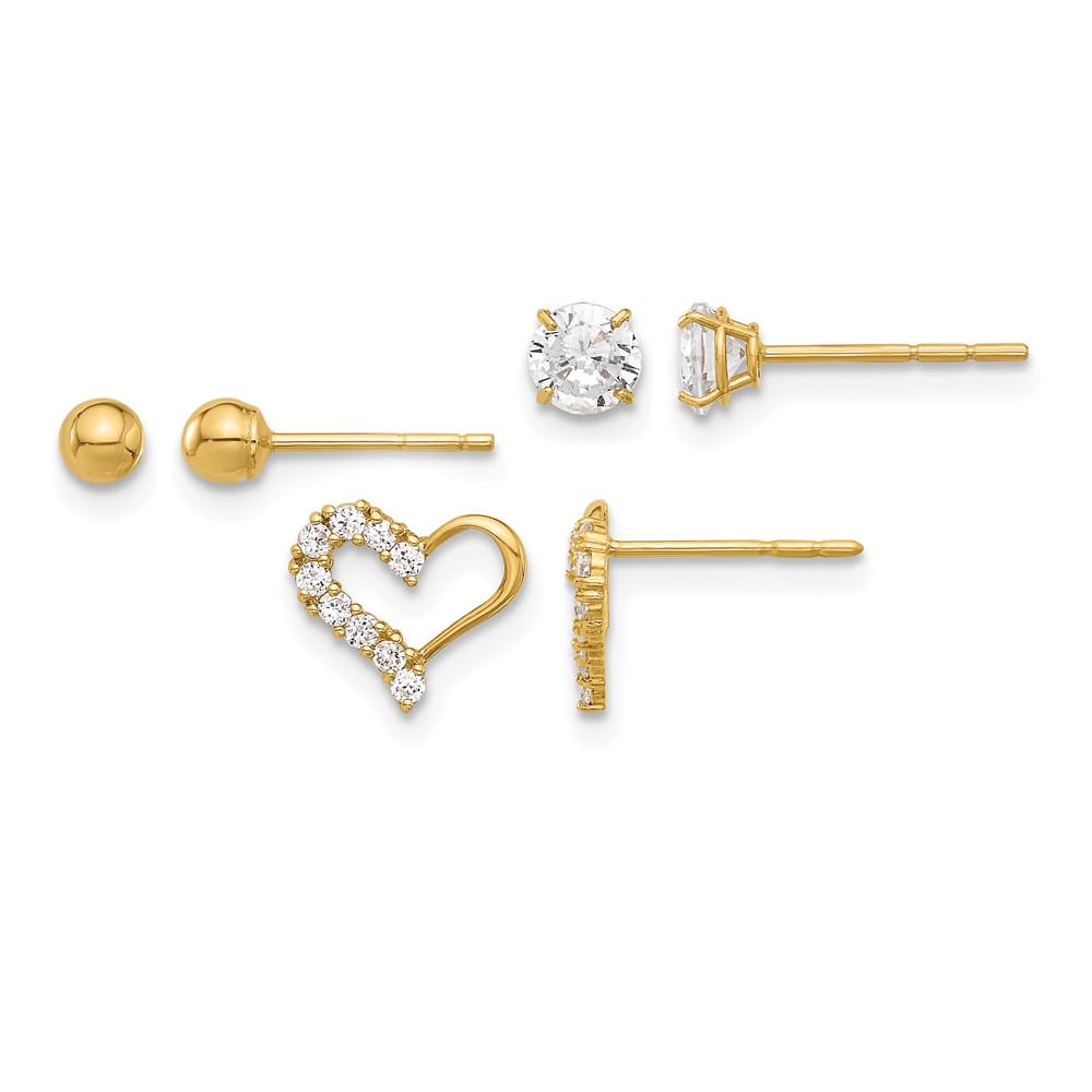14K Yellow Gold 4mm CZ/3mm Ball/CZ Heart Post Set 3 Pair Earrings, view 1 of 4
