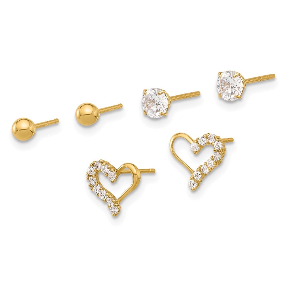 14K Yellow Gold 4mm CZ/3mm Ball/CZ Heart Post Set 3 Pair Earrings, view 2 of 4