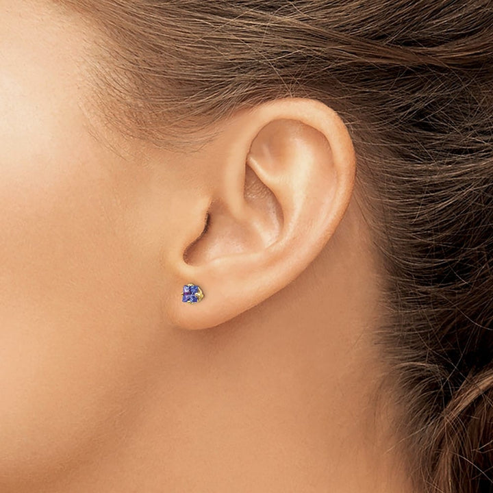 14K Yellow Gold 4mm Princess Tanzanite Post Earrings, view 3 of 4