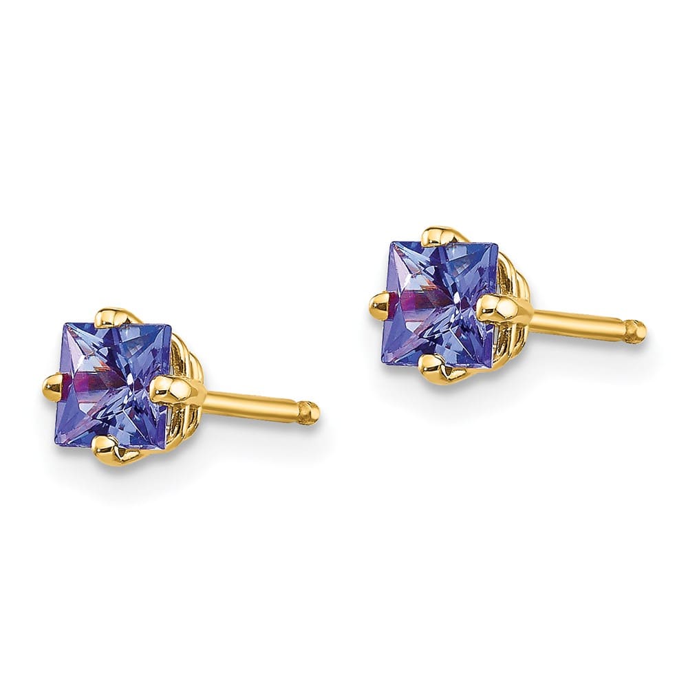 14K Yellow Gold 4mm Princess Tanzanite Post Earrings, view 2 of 4