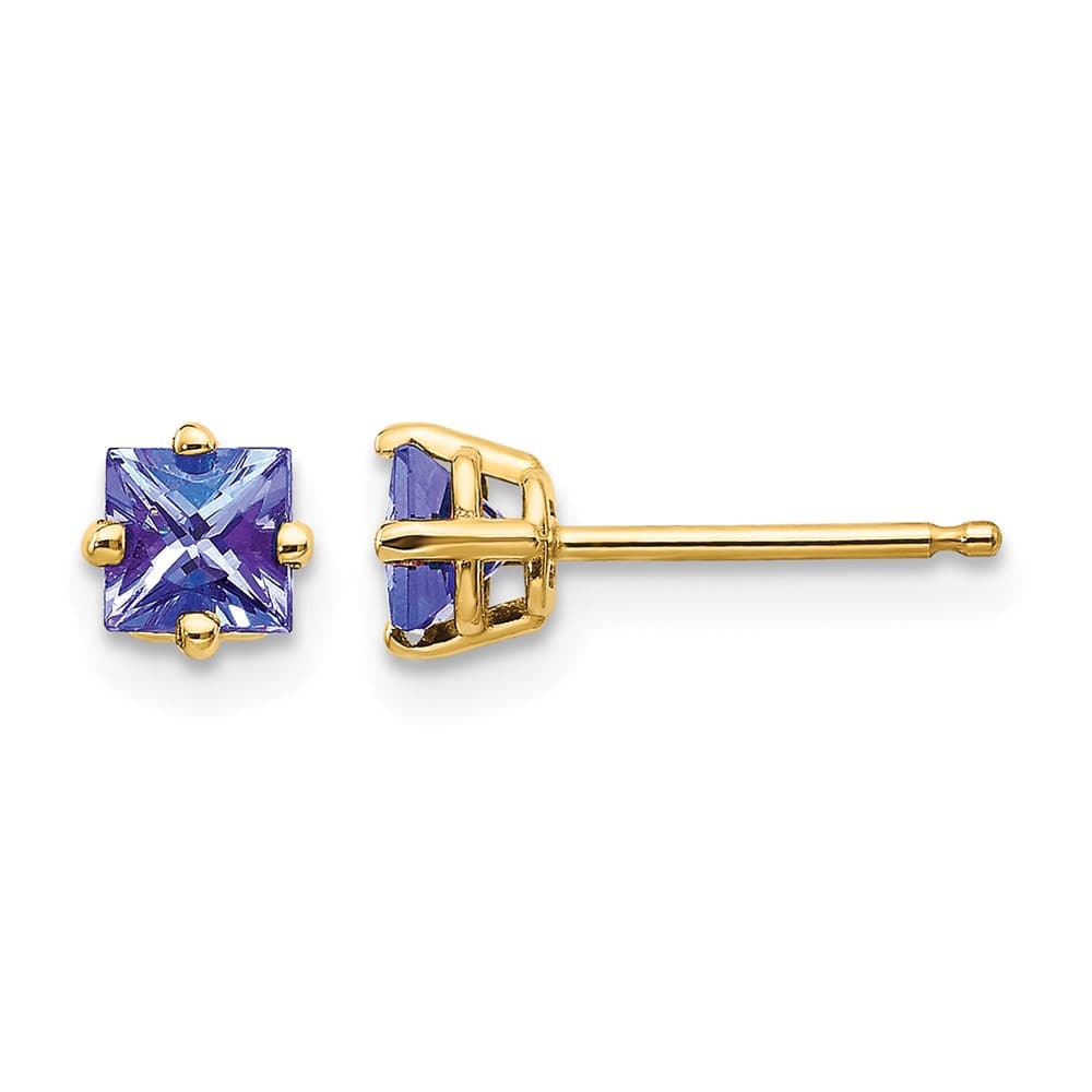 14K Yellow Gold 4mm Princess Tanzanite Post Earrings, view 1 of 4