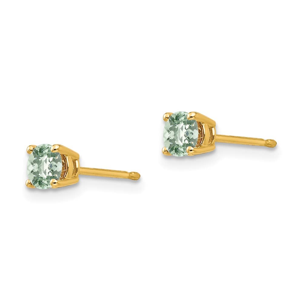 14K Yellow Gold 4mm Round Checker-Cut Green Quartz Post Earrings, view 2 of 4