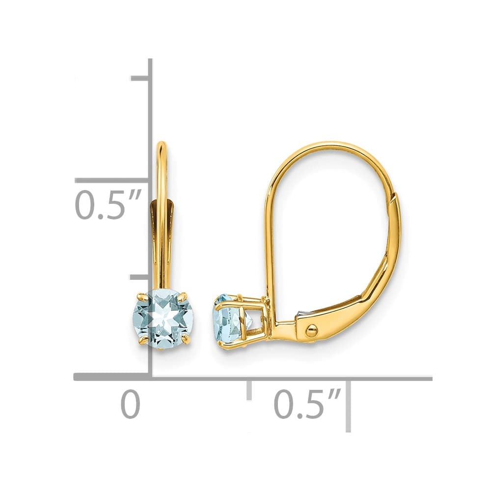 14K Yellow Gold 4mm Round March/Aquamarine Leverback Earrings, view 4 of 4