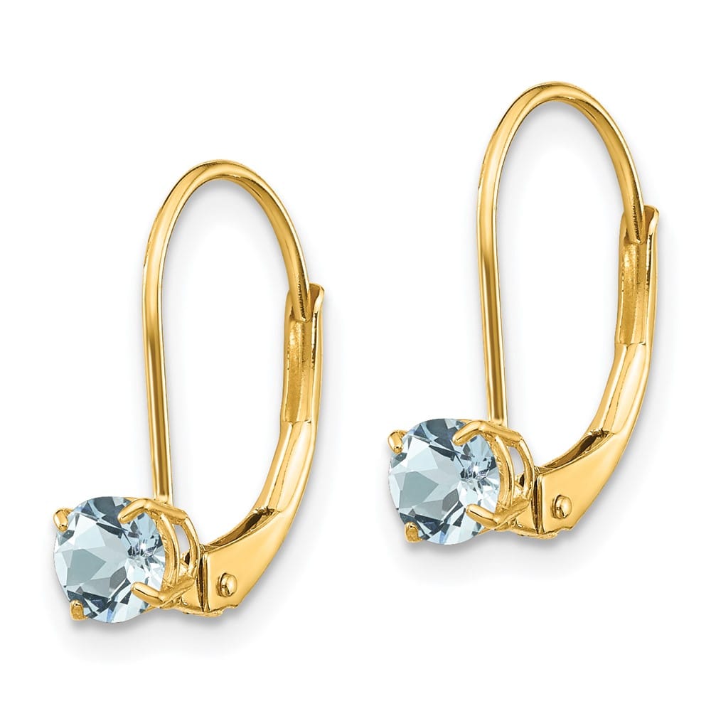 14K Yellow Gold 4mm Round March/Aquamarine Leverback Earrings, view 2 of 4