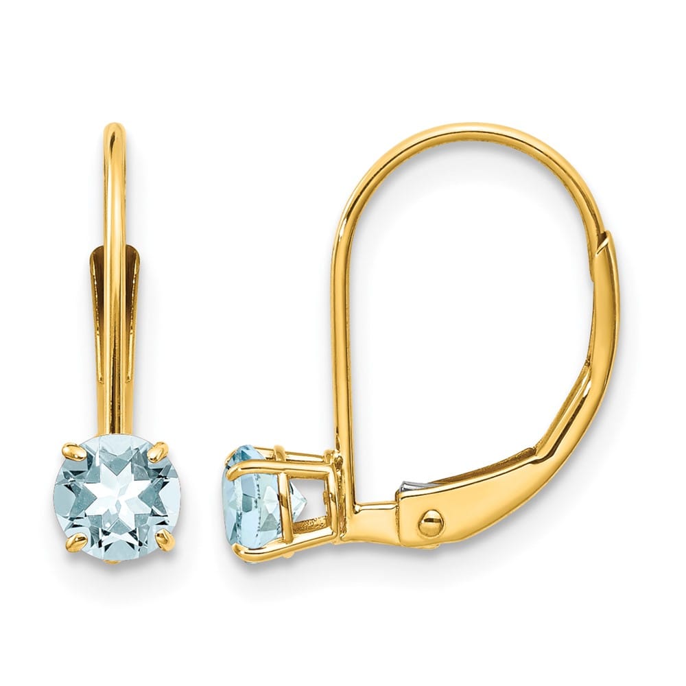 14K Yellow Gold 4mm Round March/Aquamarine Leverback Earrings, view 1 of 4
