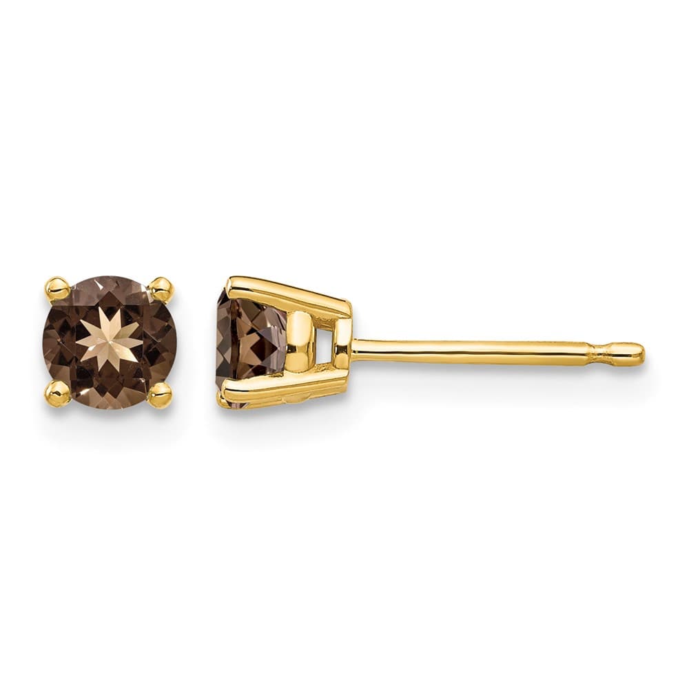 14K Yellow Gold 4mm Round Smoky Quartz Post Earrings, view 1 of 4