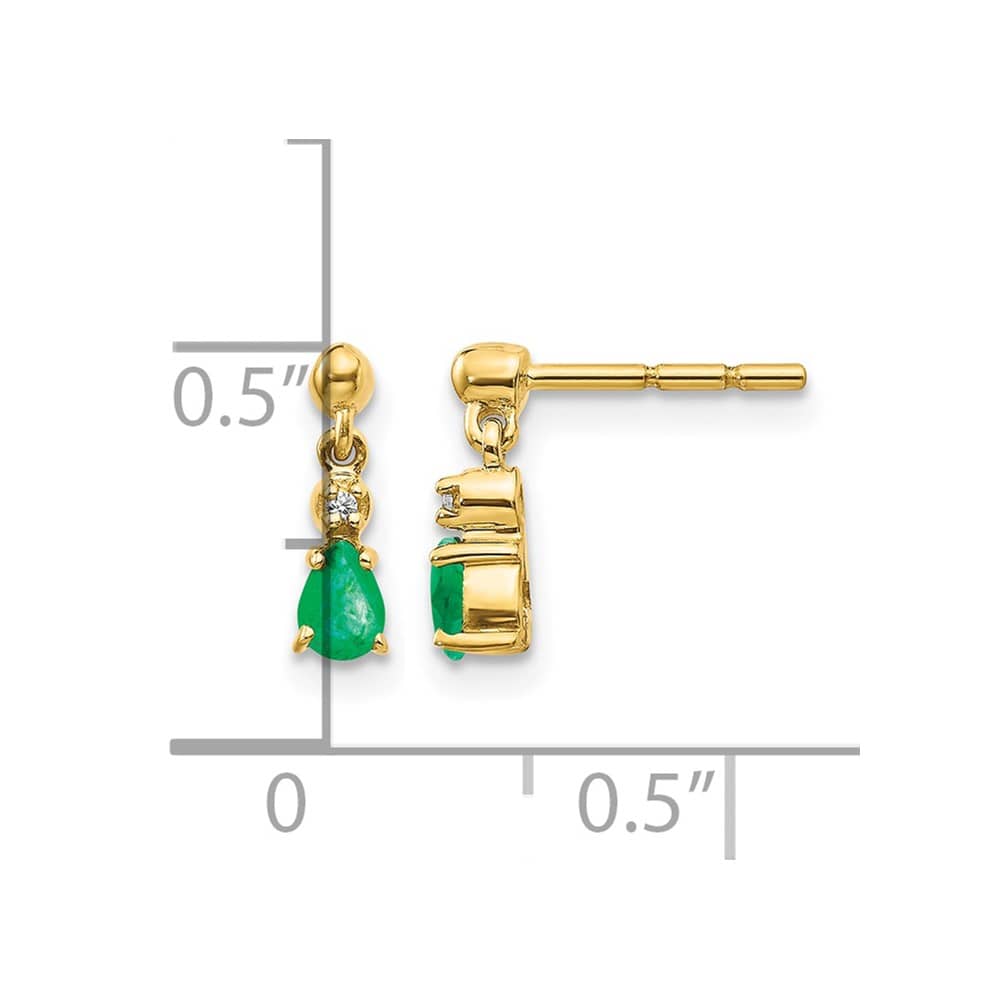 14K Yellow Gold 4x3mm Pear Emerald and Diamond Dangle Post Earrings, view 4 of 4