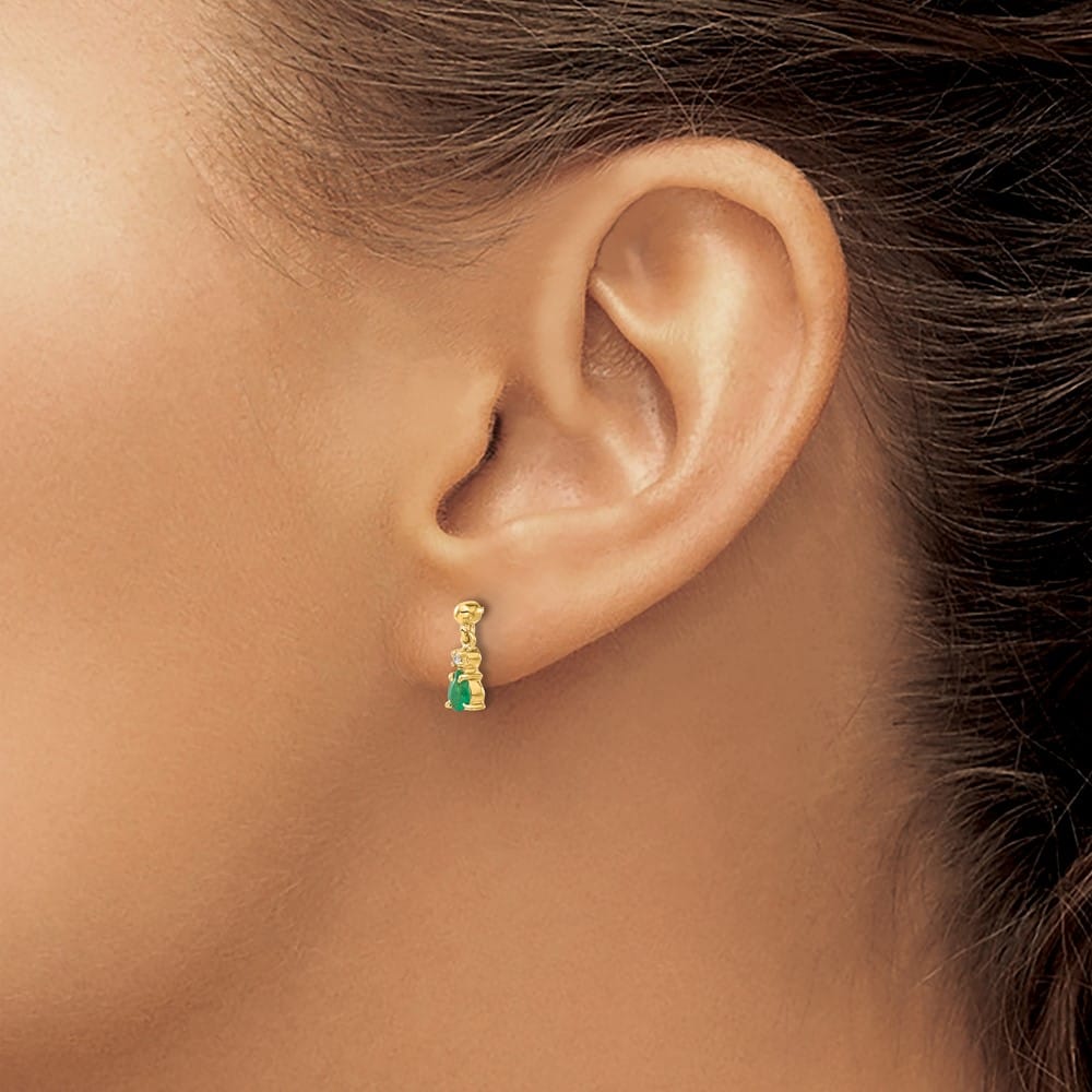 14K Yellow Gold 4x3mm Pear Emerald and Diamond Dangle Post Earrings, view 3 of 4