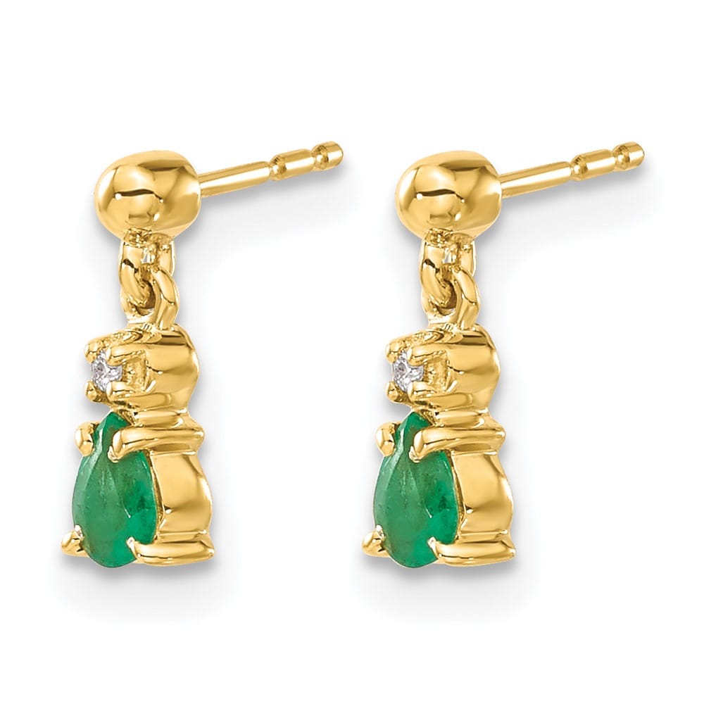 14K Yellow Gold 4x3mm Pear Emerald and Diamond Dangle Post Earrings, view 2 of 4