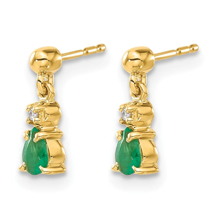 14K Yellow Gold 4x3mm Pear Emerald and Diamond Dangle Post Earrings, view 2 of 4