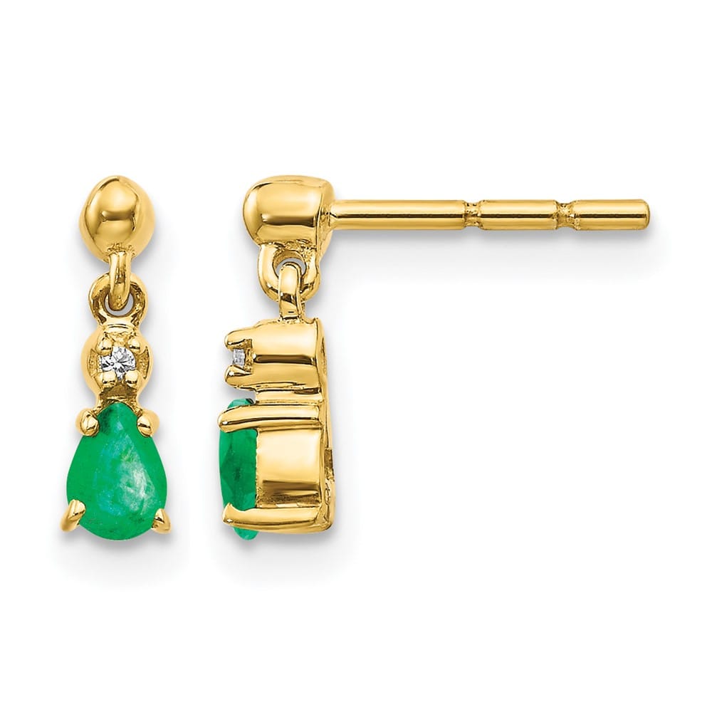 14K Yellow Gold 4x3mm Pear Emerald and Diamond Dangle Post Earrings, view 1 of 4