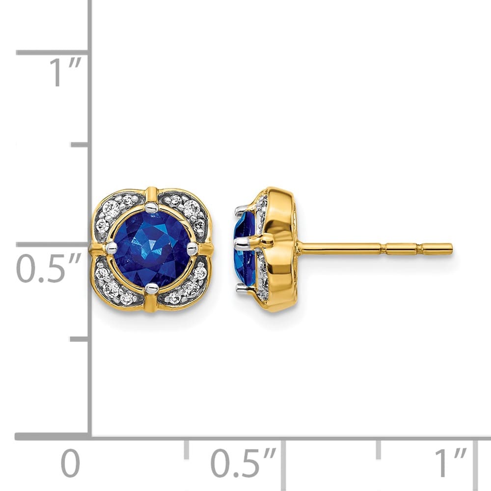 14K Yellow Gold 5.2mm Round Sapphire and Diamond Square Post Earrings, view 4 of 4